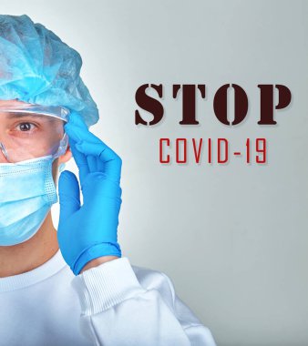 Coronavirus 'u, tıbbi geçmişi, duvar kağıdını durdurun. Coronavirus hastalığı COVID19, hastane, karantina, analiz konsepti. Doktor portresi