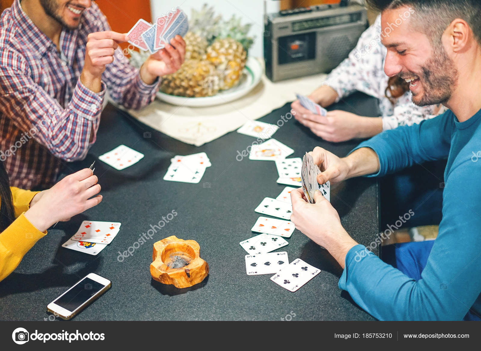 Happy Friends Playing Cards Home Young People Having Fun Laughing Stock Photo Image By C Alessandrobiascioli 185753210
