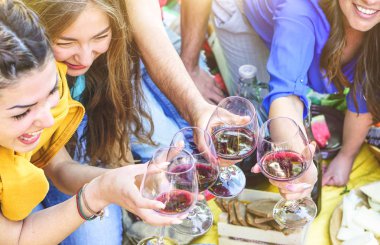Mutlu arkadaşlar kadeh kırmızı şarap bir piknik yapma grup gözlük - zevk ve birlikte içme ve yeme açık gülüyor gençler - dostluk, gençlik, yaşam kavramı