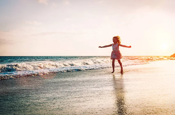 Happy Little Girl Running Water Spreading Her Hands Beach Baby — Stock Photo, Image