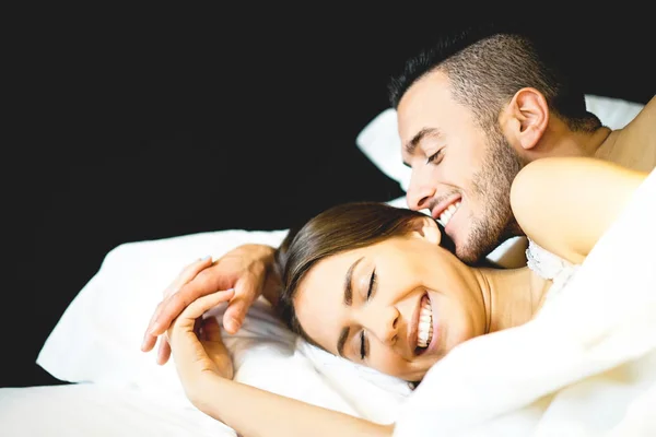 Young Sexy Couple Lovers Lying Bed Honeymoon Young Bearded Man — Stock Photo, Image