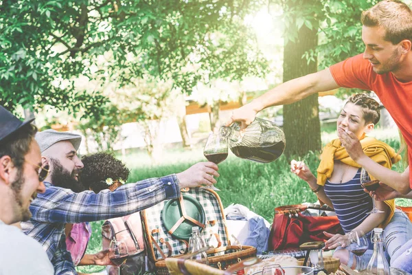 Grupo Amigos Fazendo Piquenique Enquanto Come Bebe Vinho Parque Pessoas — Fotografia de Stock