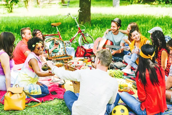 左の女の子に焦点を当てる 若い人たち面白い会議 屋外の公園で毛布の上に座って赤のワインを飲食しながら ピクニックを楽しんでいる友人のグループ — ストック写真
