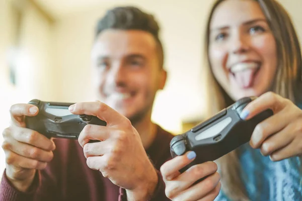 Happy Friends Playing Video Games Apartment Hilarious Young Couple Having — Stock Photo, Image