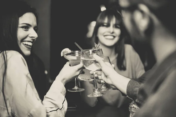 Happy Young Friends Toasting Cheering Cocktails Disco Bar Multiracial People — Stock Photo, Image