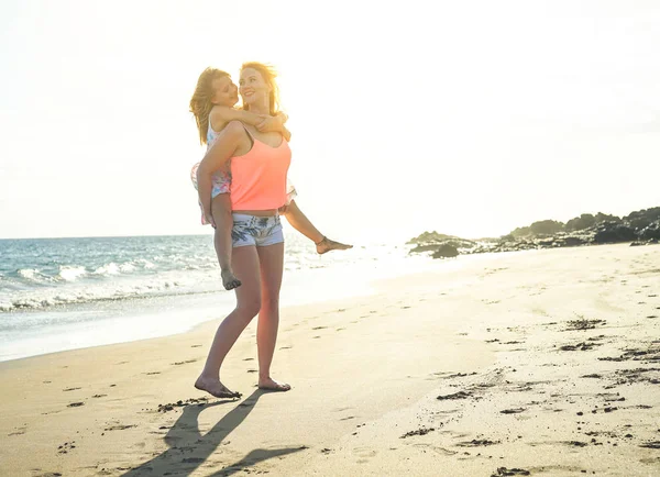 Happy Loving Family Mother Daughter Having Fun Playing Beach Young — Stock Photo, Image