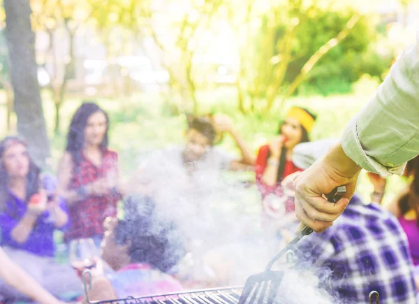 Group People Having Barbecue Drinking Red Wine Park Close Male — Stock Photo, Image