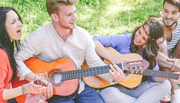 ギターを演奏し 歌う公園屋外 ライフ スタイルのコンセプトでピクニックを一緒に作る楽しさを持っている幸せな人で草の上に座って赤ワインを飲みながら友人のグループ — ストック写真