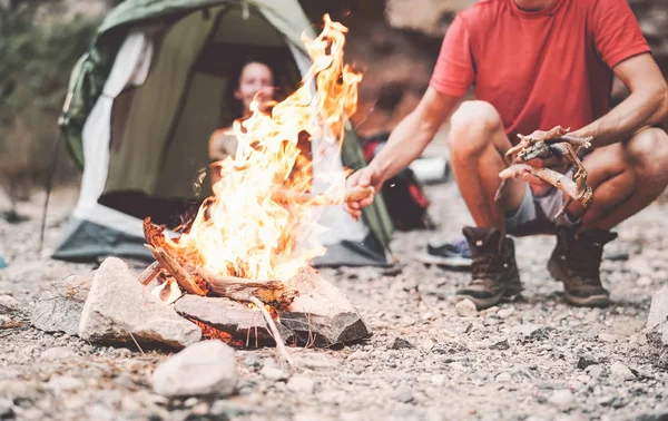 Happy Couple Making Fire While Camping Wild Forest Young People — Stock Photo, Image