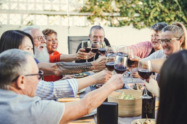 Fröhlicher Familienjubel mit Rotwein beim Wiedersehensdinner im Garten - Senioren haben Spaß beim Anstoßen von Weingläsern und gemeinsamen Essen im Freien - Menschen und Lebensstil-Konzept — Stockfoto