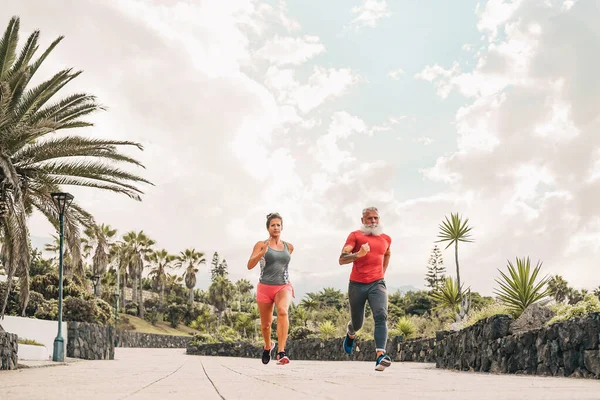 야외에서 운동 연습을 하는 부부들 - 덩치가 큰 사람들 - 은 단거리 운동 - 건강 활동과 생활 방식의 스포츠 개념 — 스톡 사진
