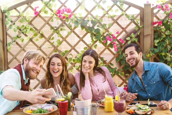 Happy Friends Taking Selfie Mobile Smartphone While Lunching Coffee Brunch Royalty Free Stock Images