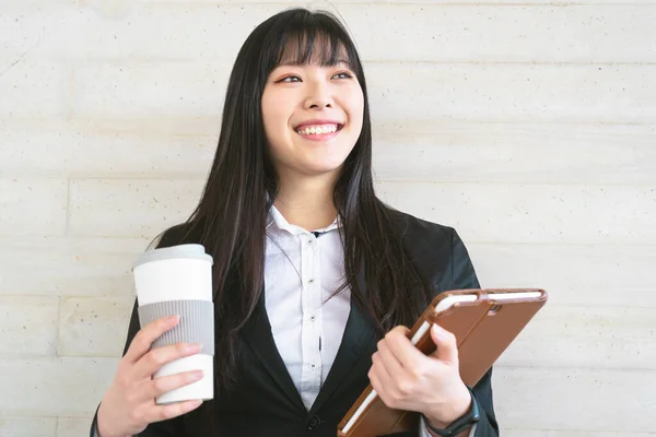 Asian Business Woman Portrait Young Smiling Chinese Girl Holding Smart — Stok Foto
