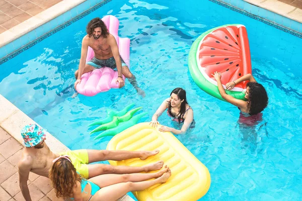 Group Happy Friends Enjoying Summer Day Swimming Pool Inflatable Young — Stock Photo, Image