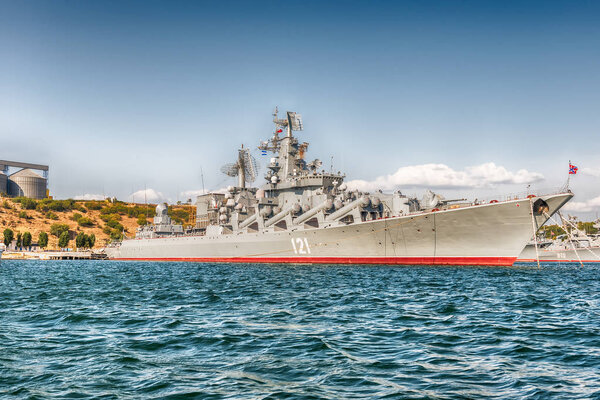 AUGUST 24, 2016: Soviet and Russian Black Sea Fleet warships, standing in the quay