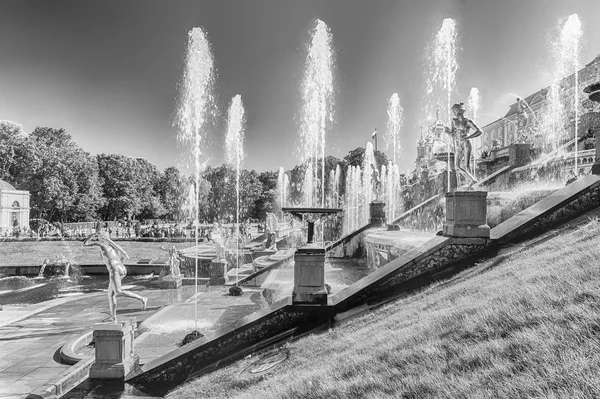 Vista panorámica de la Gran Cascada, Palacio Peterhof, Rusia — Foto de Stock