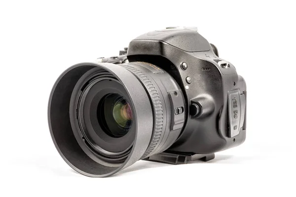 Black unbranded DSLR camera isolated on white background — Stock Photo, Image