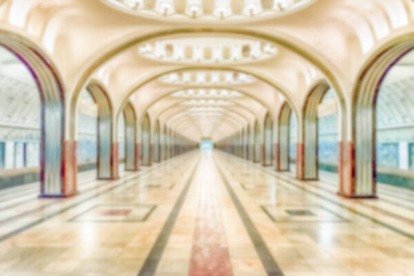 Defocused background with scenic fountain inside Gorky Park, Moscow, Russia