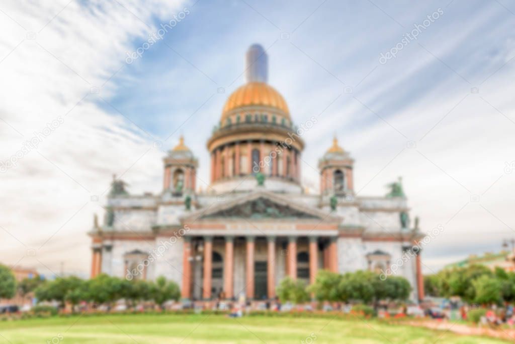 Defocused background with scenic fountain inside Gorky Park, Moscow, Russia