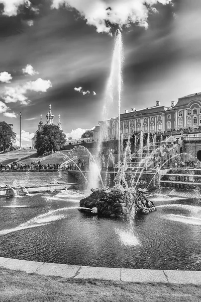 Vista panorámica de la Gran Cascada, Palacio Peterhof, Rusia — Foto de Stock