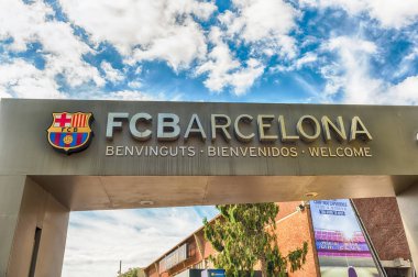 Hoş geldiniz tabela Fc Barcelona tur ve Müzesi, Katalonya, İspanya