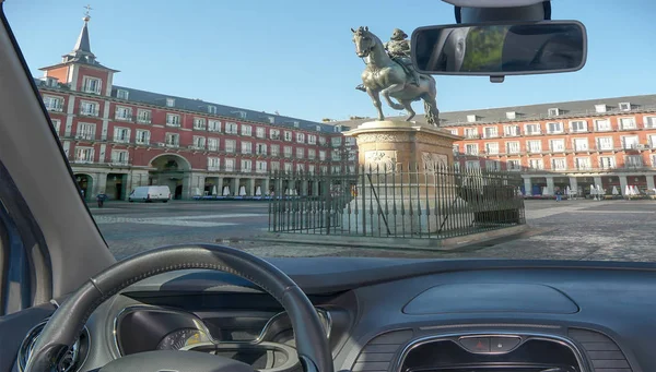 Kijkend Door Voorruit Van Een Auto Met Uitzicht Plaza Mayor — Stockfoto