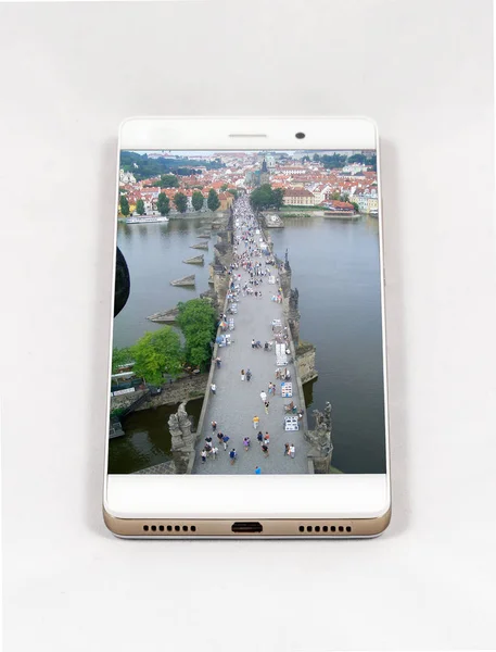 Modernes Smartphone Mit Vollbildbild Der Karlsbrücke Und Der Prager Burg — Stockfoto