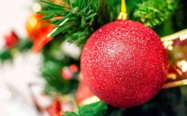 Güzel görüntü ile dal Noel kırmızı top. Alanın kasıtlı olarak sığ bölümü