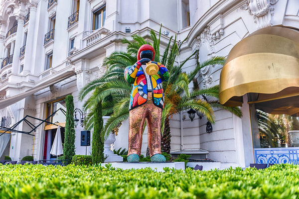 NICE, FRANCE - AUGUST 11: Miles Davis sculpture outside Hotel Negresco, located on the Promenade des Anglais, Nice, Cote d 'Azur, France, as seen on August 11, 2019
