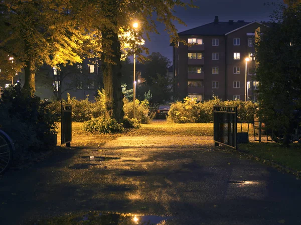 Zona suburbana durante a noite. Ajuste escuro com algumas luzes e cores . Fotos De Bancos De Imagens