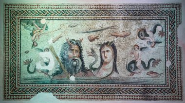 People are visiting Zeugma Mosaic Museum in Gaziantep City of Turkey. This museum does a stellar job of displaying one of the world's most important mosaic collections. clipart