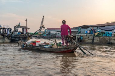 16 Aralık 2015. Thomas-Vietnam 'ı. Vietnam 'ın Mekong Deltası' ndaki Can Tho şehrinin yakınındaki Mekong Nehri 'ndeki Çiçekli Pazar. Vietnam' ın pirinç kasesi, delta çeşitli baş döndürücü yeşilliklerle kaplıdır.. 