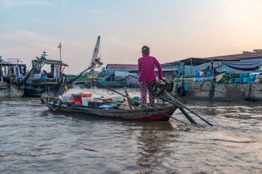 16 Aralık 2015. Thomas-Vietnam 'ı. Vietnam 'ın Mekong Deltası' ndaki Can Tho şehrinin yakınındaki Mekong Nehri 'ndeki Çiçekli Pazar. Vietnam' ın pirinç kasesi, delta çeşitli baş döndürücü yeşilliklerle kaplıdır.. 