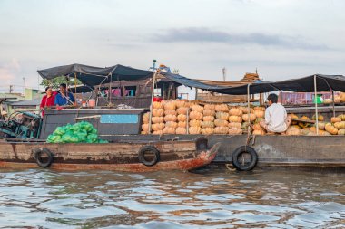 16 Aralık 2015. Thomas-Vietnam 'ı. Vietnam 'ın Mekong Deltası' ndaki Can Tho şehrinin yakınındaki Mekong Nehri 'ndeki Çiçekli Pazar. Vietnam' ın pirinç kasesi, delta çeşitli baş döndürücü yeşilliklerle kaplıdır.. 