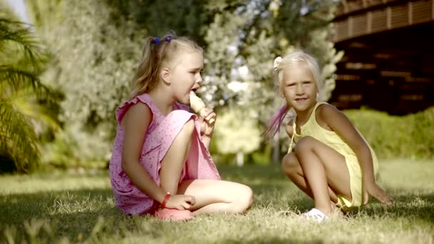 sedí dvě holčičky s plavými vlasy na trávě ve dvoře v krajině ve slunečný letní den
