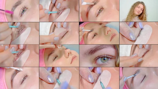 Collage, multi-shot, close-up of the face and eyes of a girl who is in a beauty salon and does the lamination of eyelashes and the shape of the eyebrows with gel.