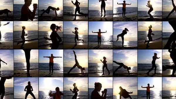 sporty woman is training on sea shore at morning, collages shot, healthy lifestyle
