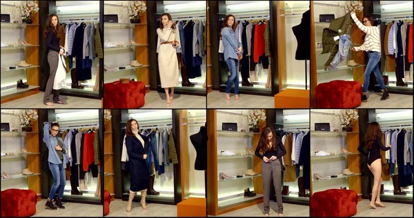 young fashionista is trying different outfits in changing room of clothing store, collage shot
