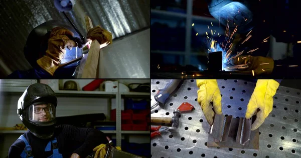 metal works on industrial production and portrait of worker man, collage of four videos