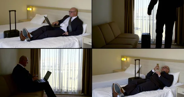 Multi-shot a middle-aged bald in glasses and a suit, he checks into the room with a Luggage bag on wheels, stands by the sofa, then sits on the sofa and lies dressed in shoes on the bed with a laptop.