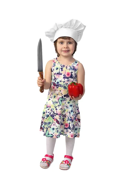 Girl cook with knife on gary — Stockfoto