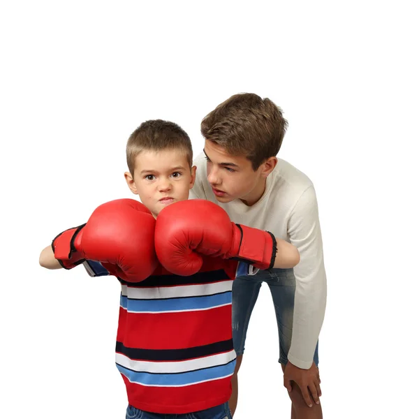 Rapaz boxeador com treinador — Fotografia de Stock