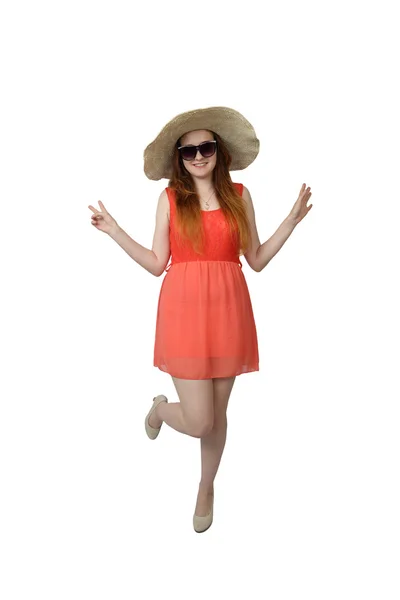 Young girl in big hat in sunglasses posing — Φωτογραφία Αρχείου