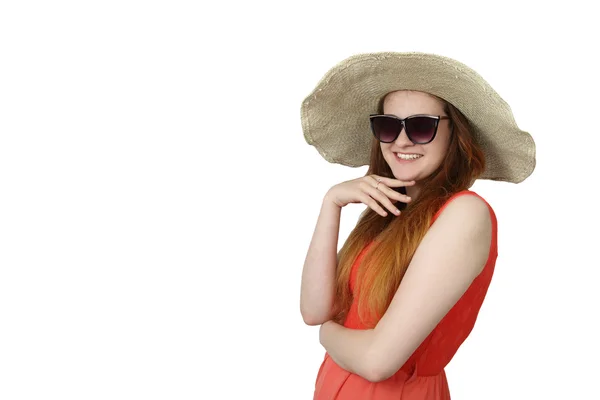 Young girl in big hat with sunglasses posing — Φωτογραφία Αρχείου