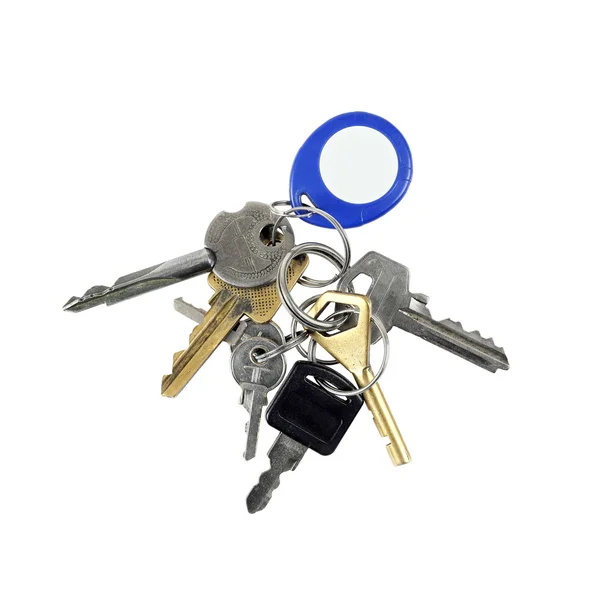 Bunch of different keys with electronic chip token on key ring — Stock Photo, Image