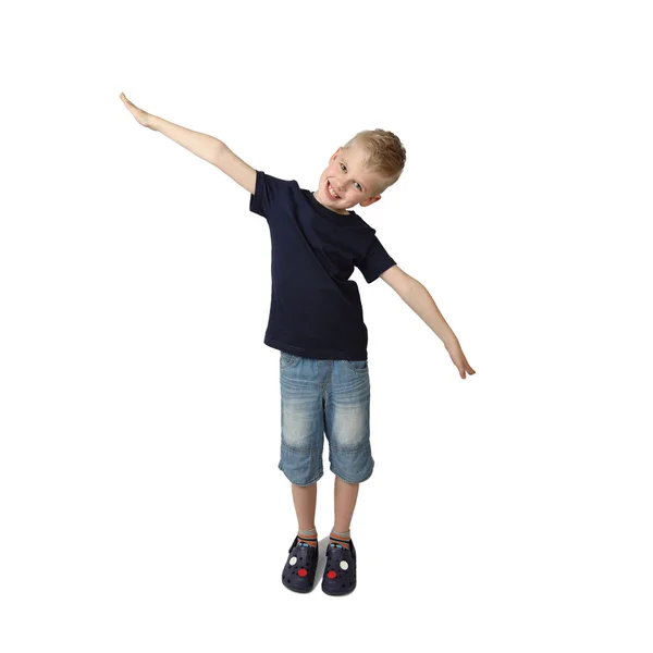Boy shows airplane — Stock Photo, Image