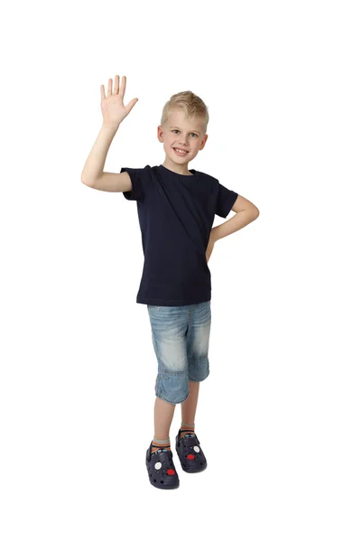 Cute boy waves his hand to salute — ストック写真