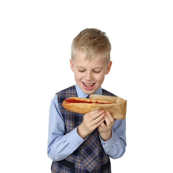 Junge mit Hotdog — Stockfoto