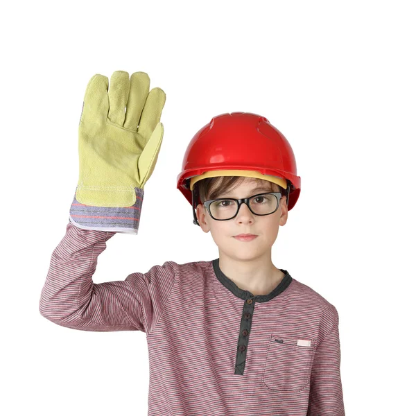 Niño pequeño con casco protector y guantes de trabajo —  Fotos de Stock