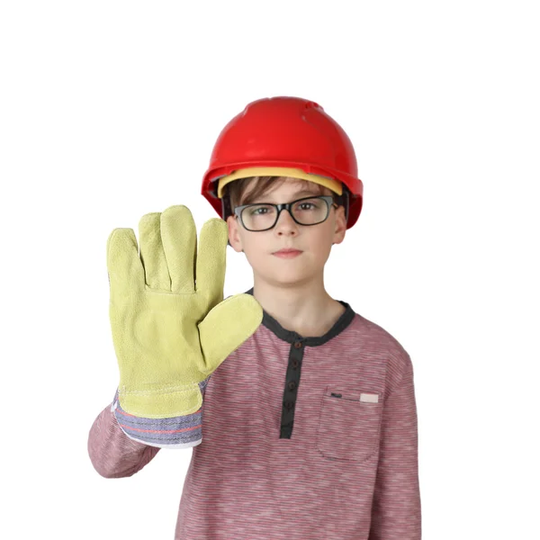 Niño en casco protector y guante de trabajo con enfoque en glo —  Fotos de Stock